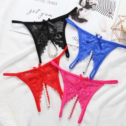 Sheer Lace Thong with Beaded Crotch - Image 3