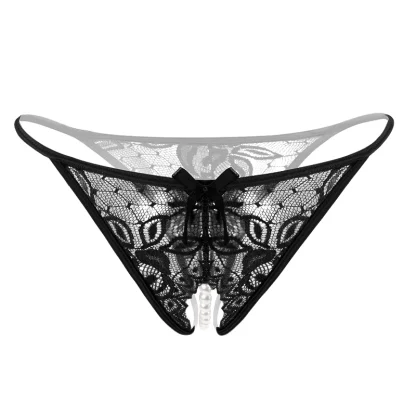 Sheer Lace Thong with Beaded Crotch