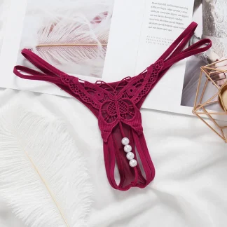 Embroidered Butterfly Thong with Beaded Crotch