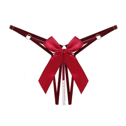 Beaded Crotch G-string with Big Bow Decor