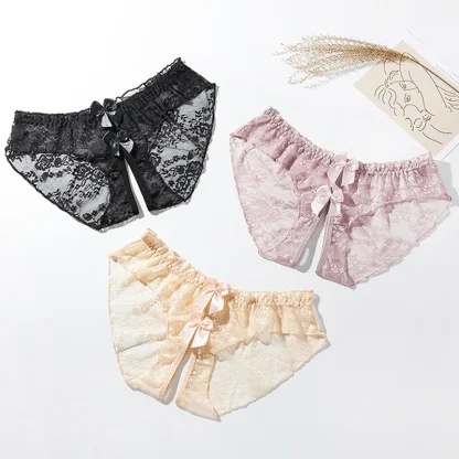 Floral Sheer Lace Panties with Bow Decor - Image 2